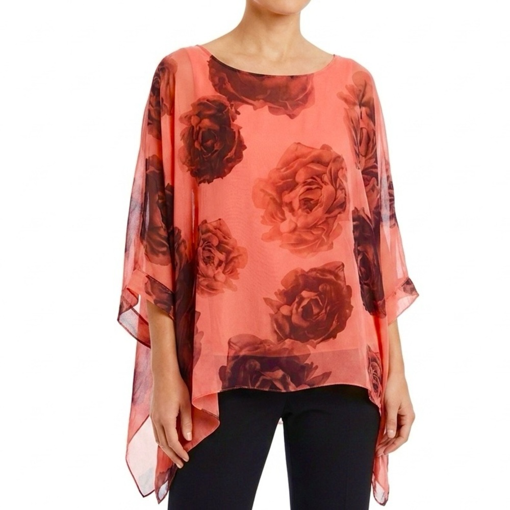 Silk Laganlook MADE IN ITALY Rose Floral Poncho Oversized Coral Tunic Blouse
